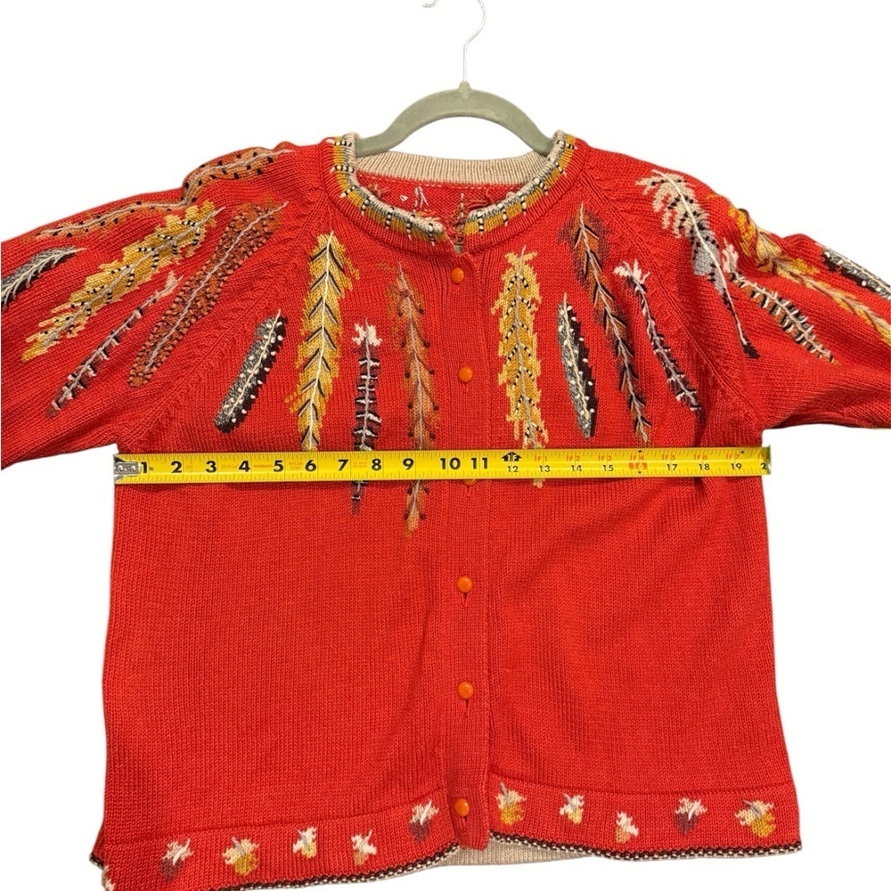 VTG Christine Foley Red Feather Embroidered Knit cotton 90s Button Up Cardigan M - Picture 5 of 6